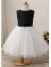 Beaded Black Satin Ivory Tulle Flower Girl Dress With Bow